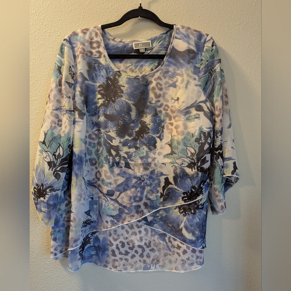JM Collection Blue Patterned Blouse Size S